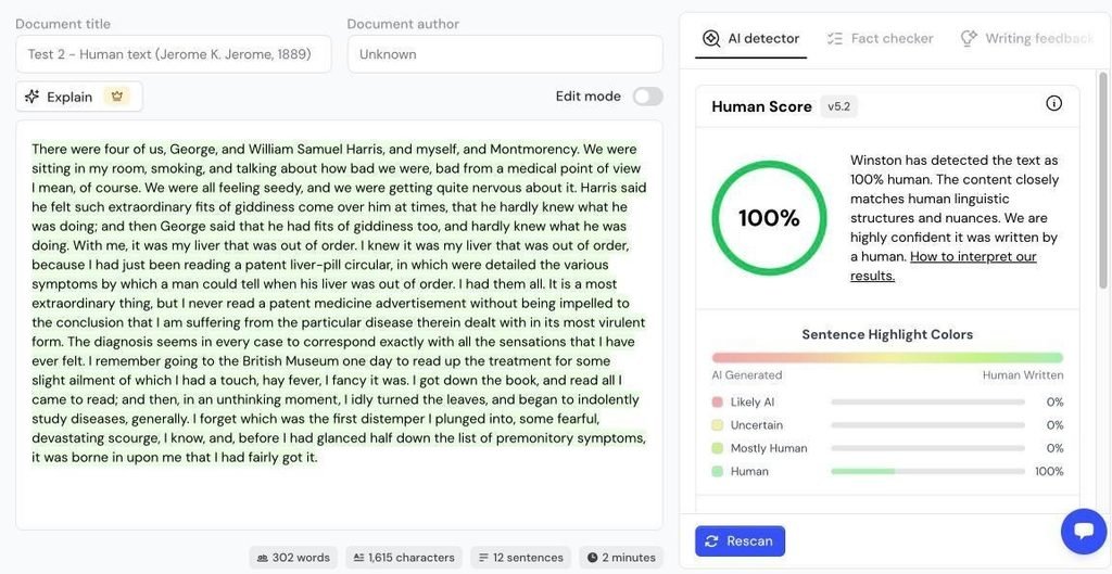 Winston AI result for human-written text: 100% human score with all sentences highlighted green