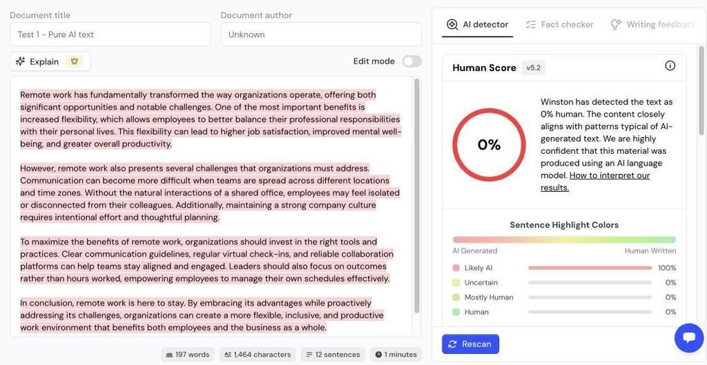 Winston AI result for AI-written text: 0% human score with every sentence highlighted red