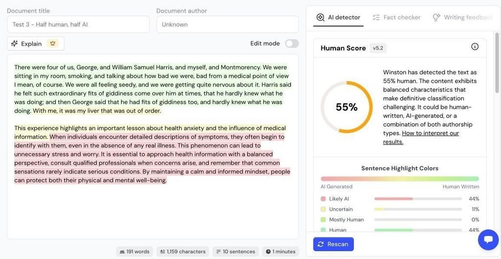 Winston AI result for mixed text: 55% human score, human paragraph in green and AI paragraph in red