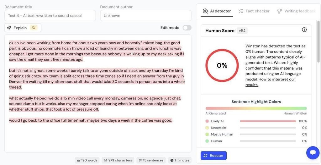 Winston AI result for AI text written in a casual style: still 0% human