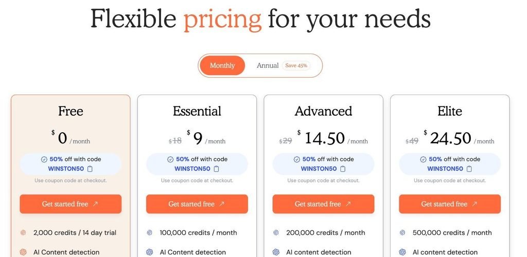 Monthly prices on 30 October 2026. Source: gowinston.ai/pricing