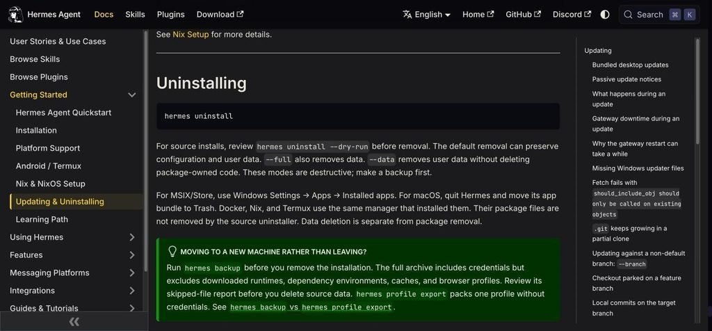 Hermes Agent docs uninstalling section showing hermes uninstall and the dry-run, full and data options