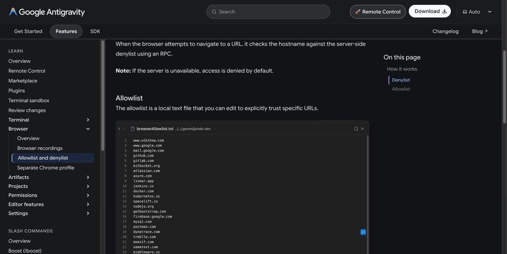 Antigravity browser allowlist file example with trusted domains