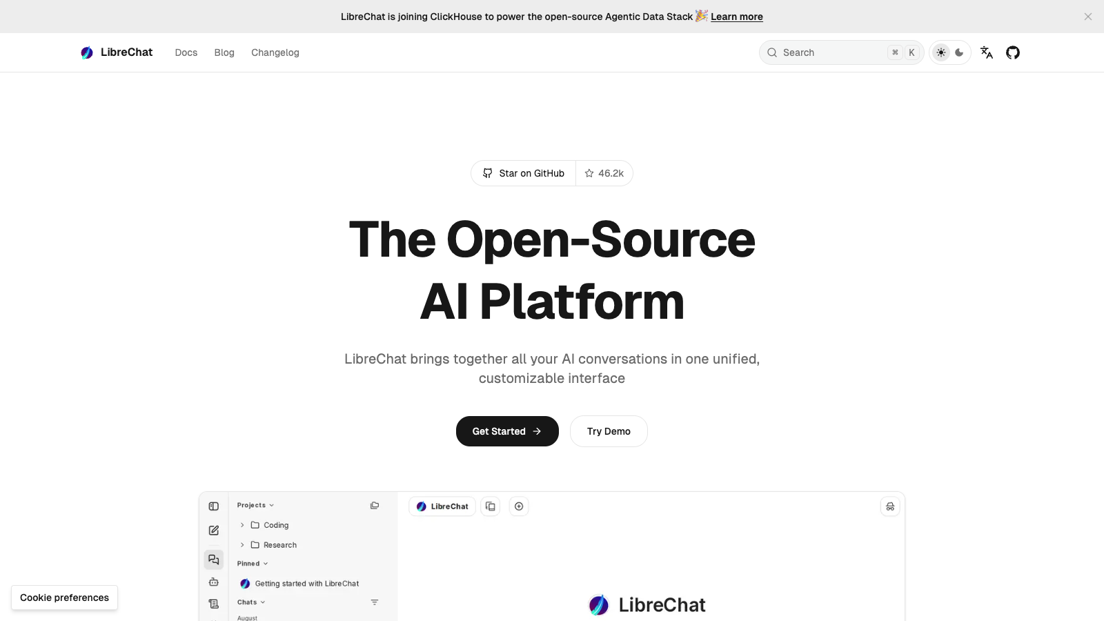 LibreChat open-source self-hosted ChatGPT alternative official homepage screenshot captured October 2026