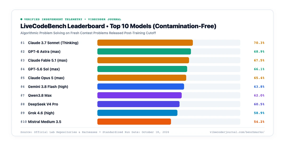 LiveCodeBench Leaderboard top 10 models ranked by contamination-free Pass@1 accuracy