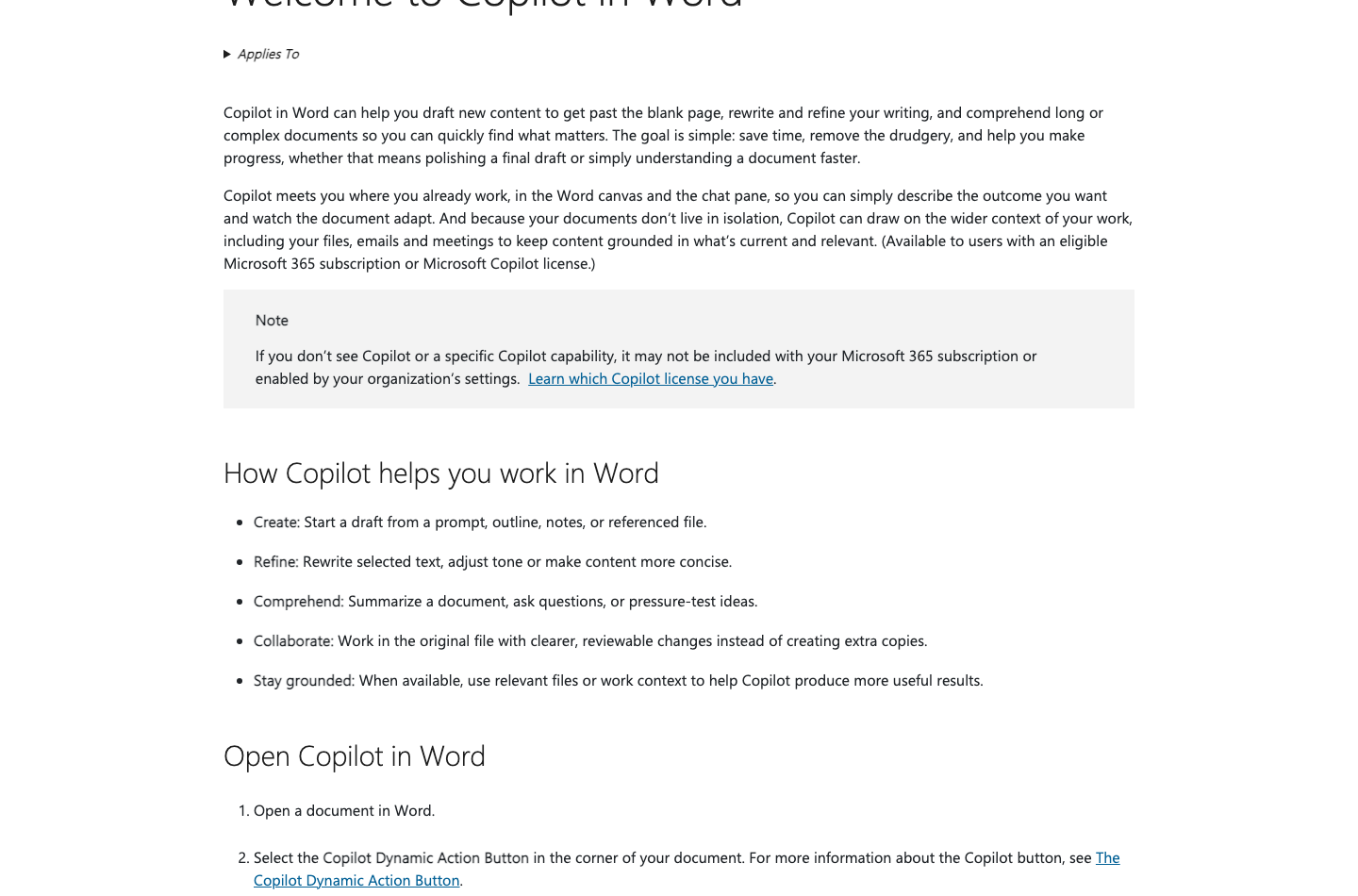 Microsoft Copilot ribbon and drafting assistant active directly inside Microsoft Word