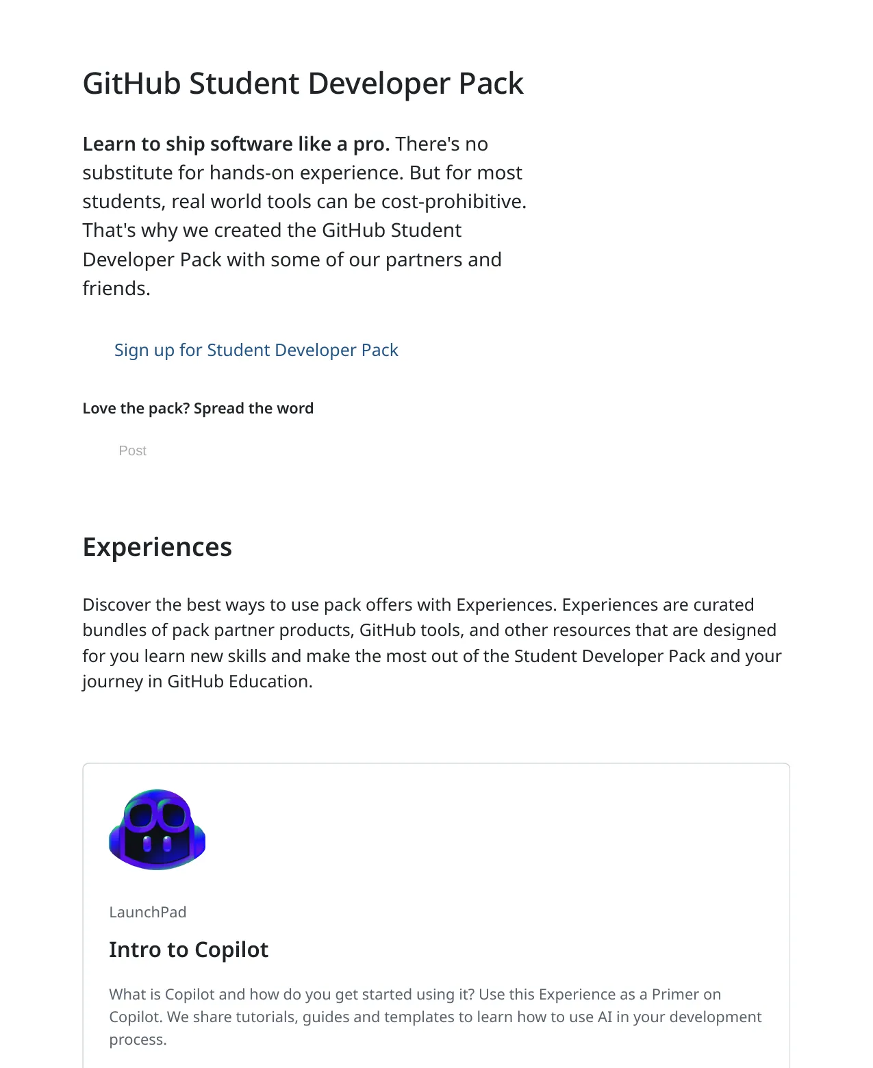 GitHub Student Developer Pack official page showing partner offers