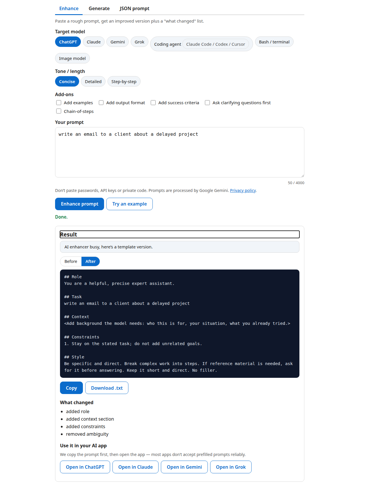 Screenshot of the template-mode enhanced prompt output with a what-changed list, copy and download buttons, and open-in buttons for ChatGPT, Claude, Gemini and Grok