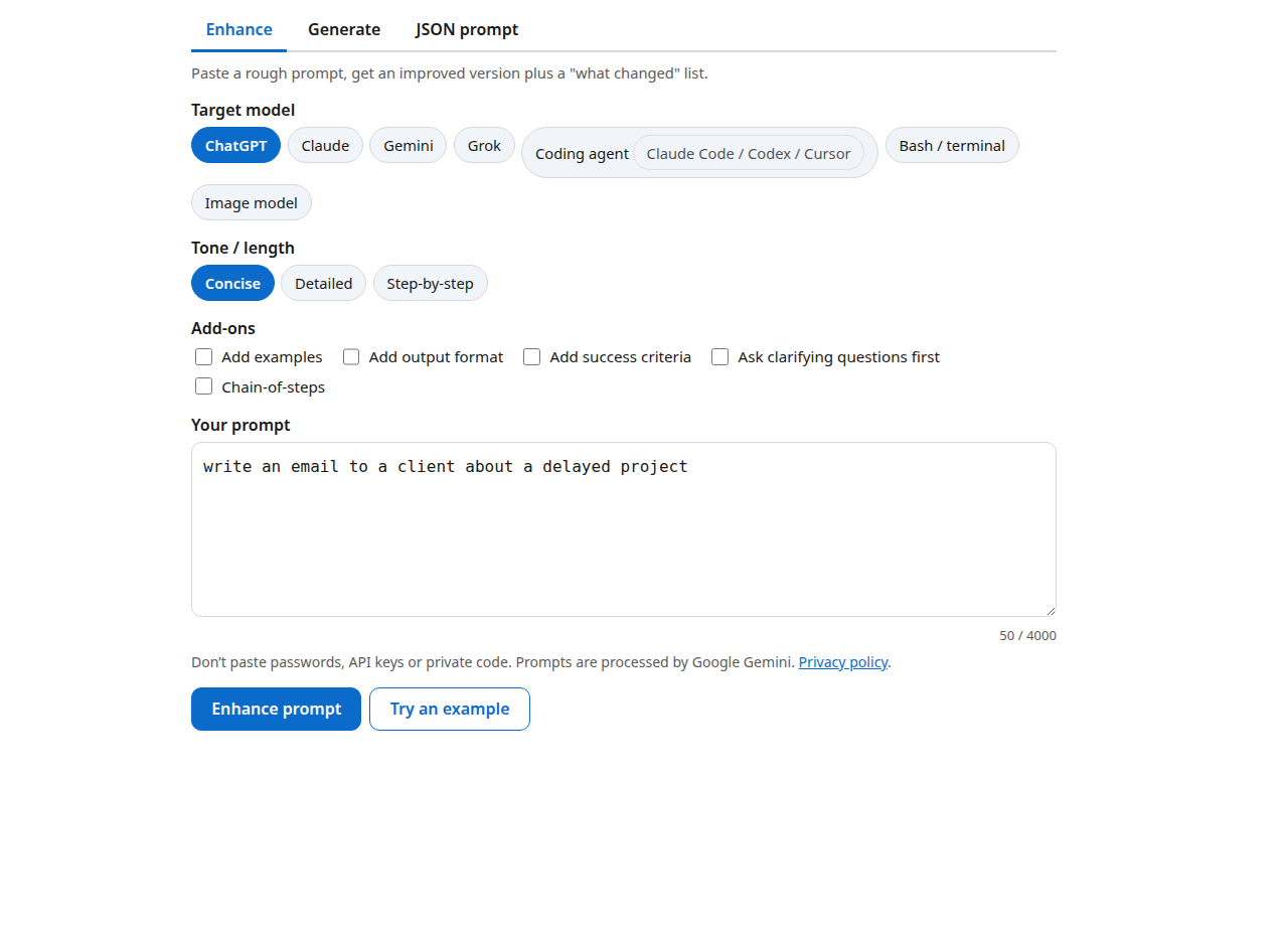Screenshot of the free AI prompt enhancer tool with a rough prompt typed into the input box, before enhancing