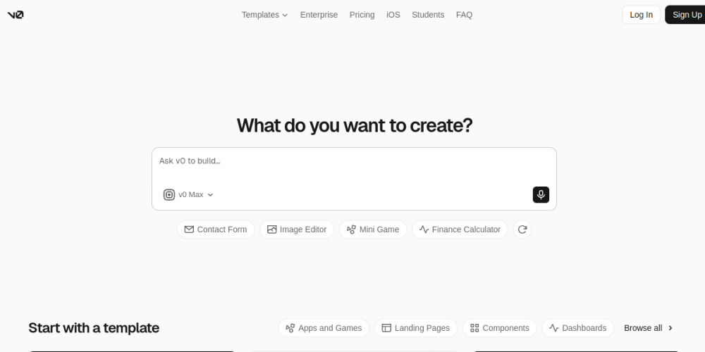 v0 by Vercel Generative UI Interface Homepage