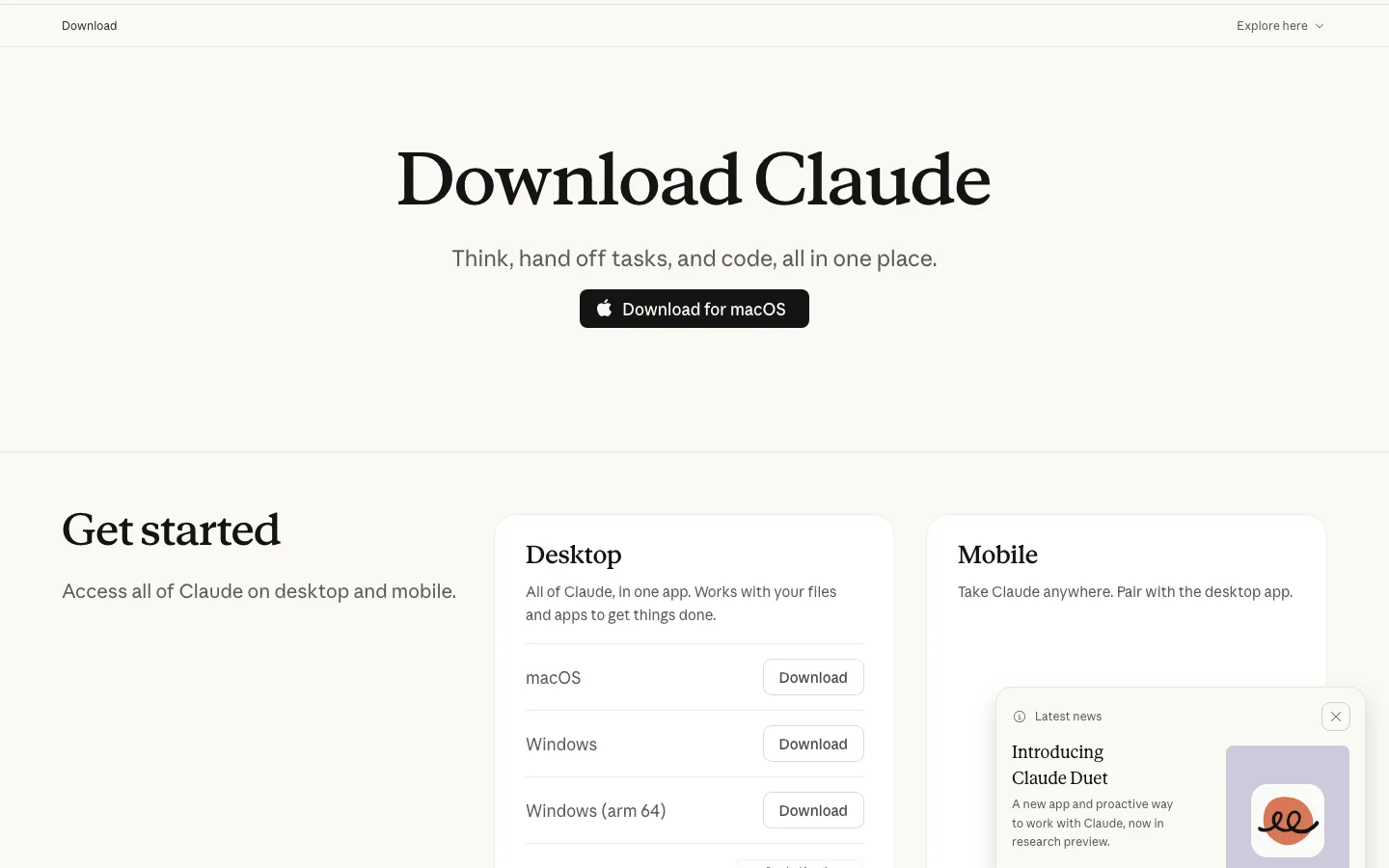 Official Claude Desktop download page for macOS and Windows supporting Claude Cowork