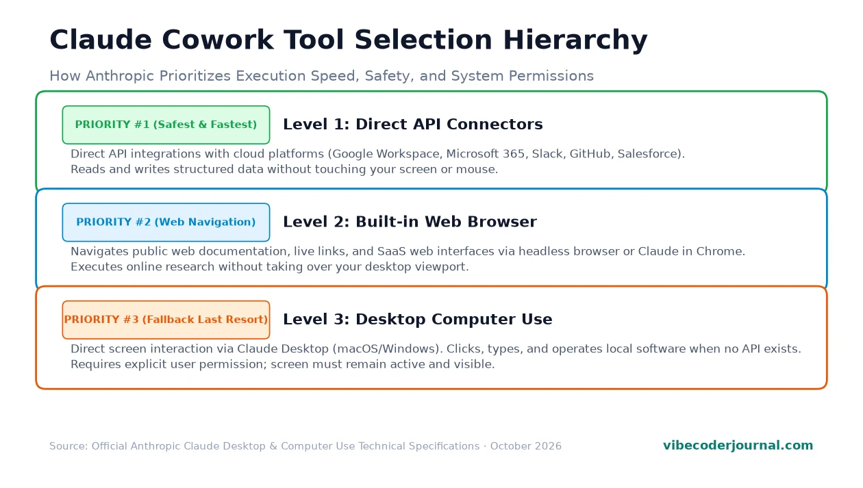 Claude Cowork tool selection hierarchy diagram showing API connectors, web browser, and desktop computer use