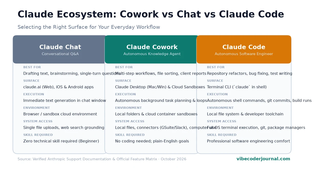 Comparison matrix of Claude Cowork vs Claude Chat vs Claude Code surfaces and use cases