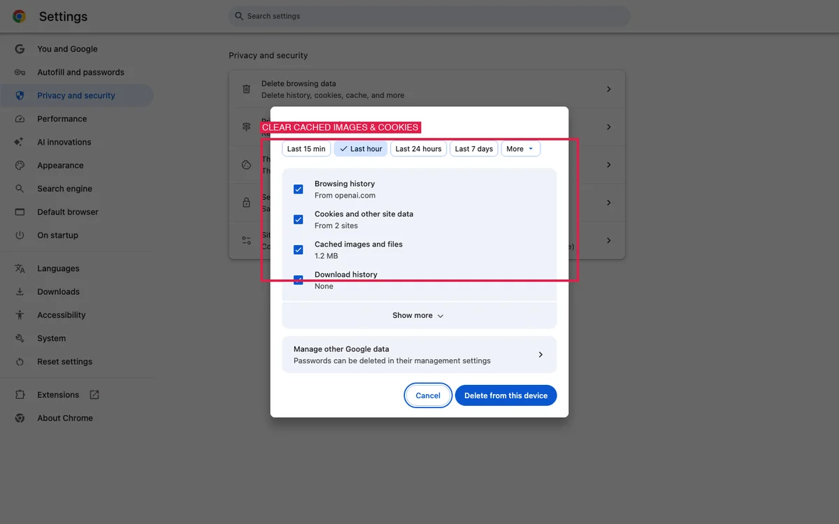 Browser clear browsing data dialog with cached images and site cookies boxed