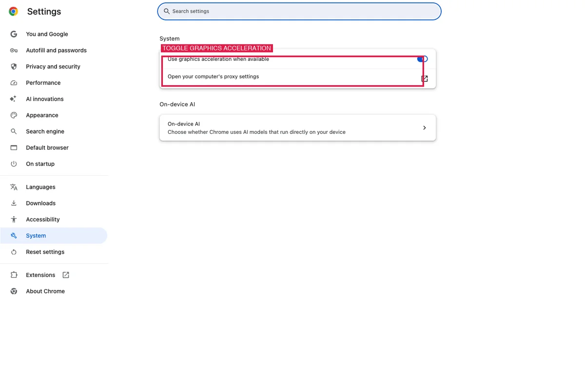 Google Chrome system settings with graphics hardware acceleration toggle highlighted