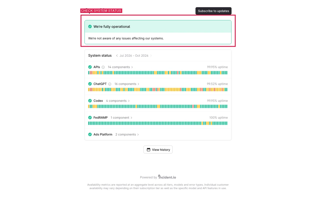 OpenAI status page showing system indicators and degraded performance alerts for why is chatgpt so slow troubleshooting